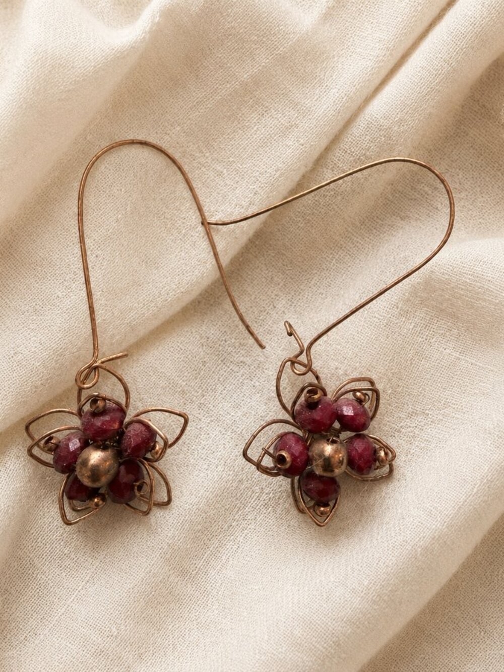 Raspberry Beaded Wire Flower Long Drop Earrings Copper Tone
